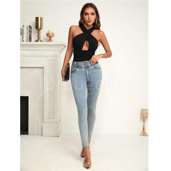 Criss Cross Front Black Bodysuit Cut Out Keyhole Slim Fit - Picture 5 of 8